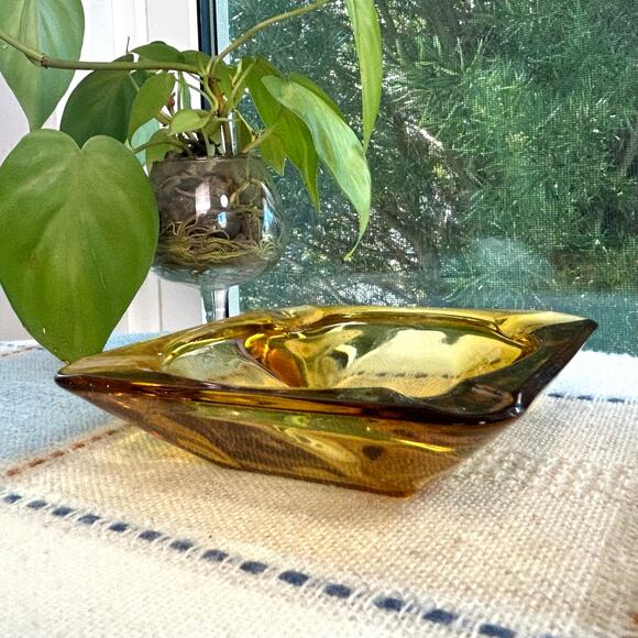 Vintage Amber Cut Glass Ashtray – 4.75” Square Mid-Century Modern - Picture 6 of 14